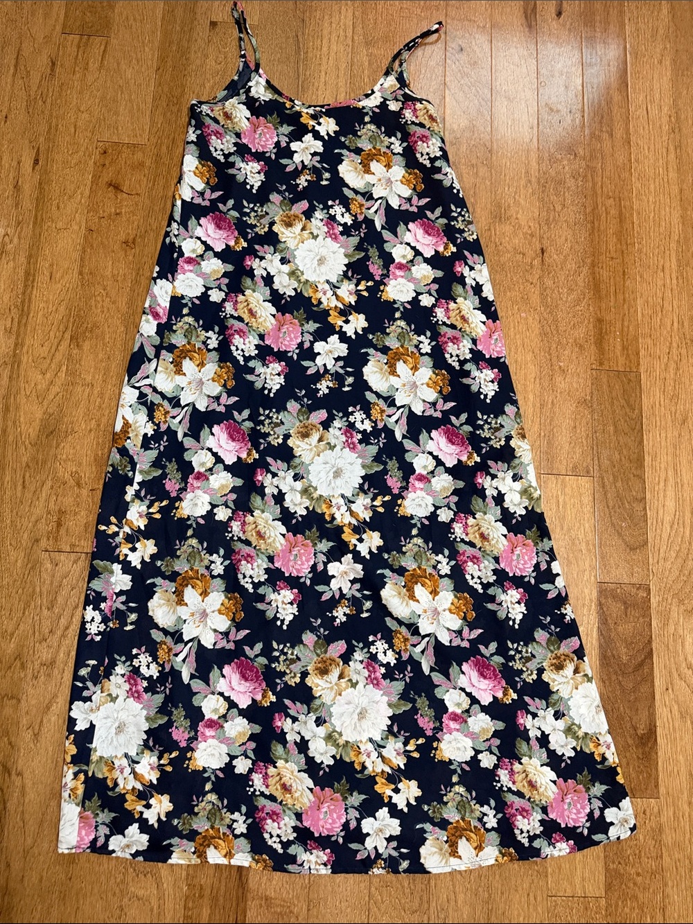Floral Maxi Slip Skirt - Navy with Pink & White Blooms